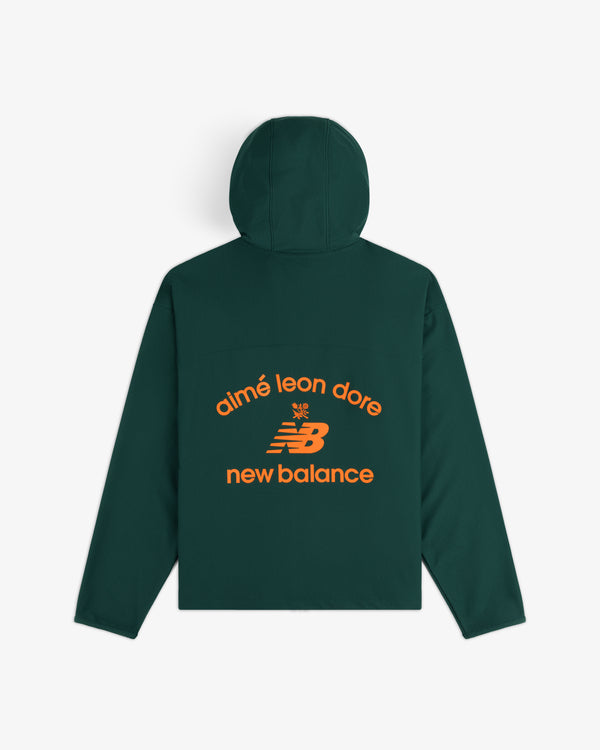 Dark green ALD / New Balance Full-Zip Warmup Hoodie with orange logo text on the back.