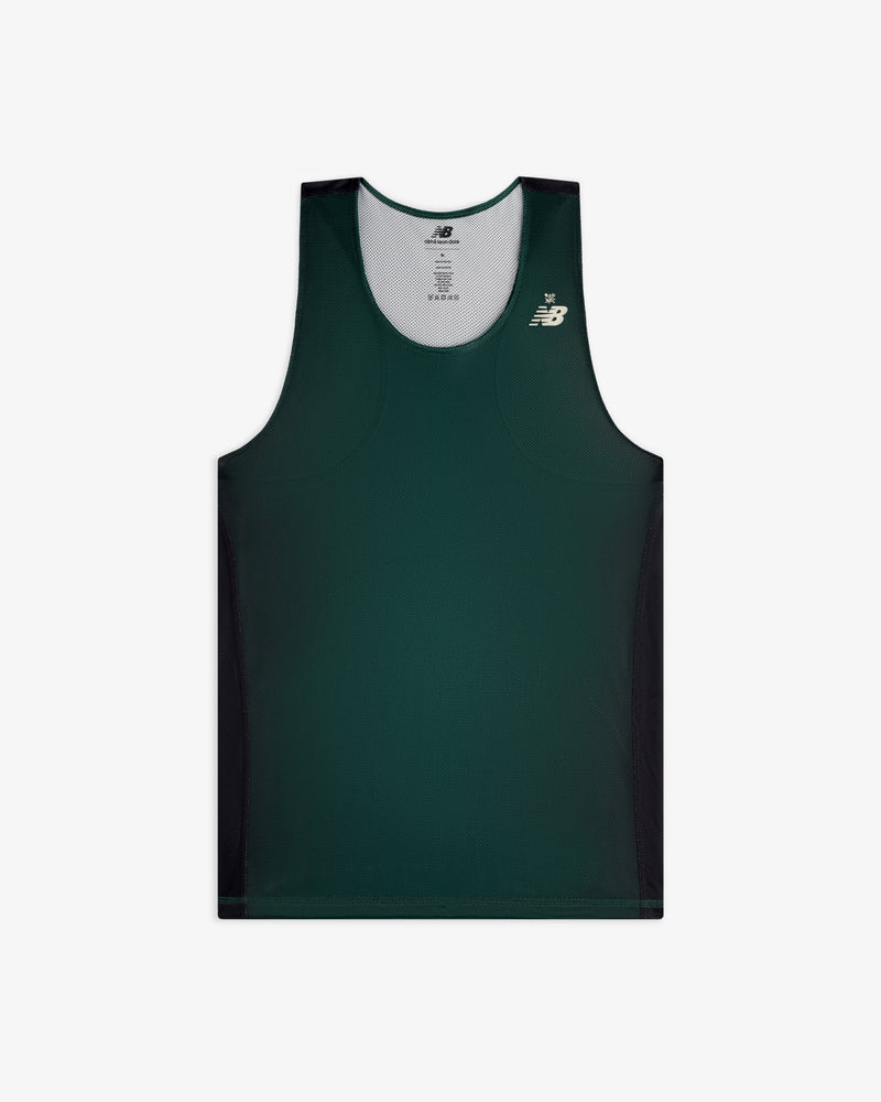 ALD / New Balance Running Gradient Singlet in dark green with black sides and small logo on left chest.