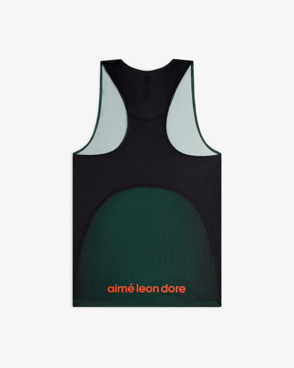 Dark green and black ALD / New Balance Running Gradient Singlet with orange aimé leon dore text on the lower back.