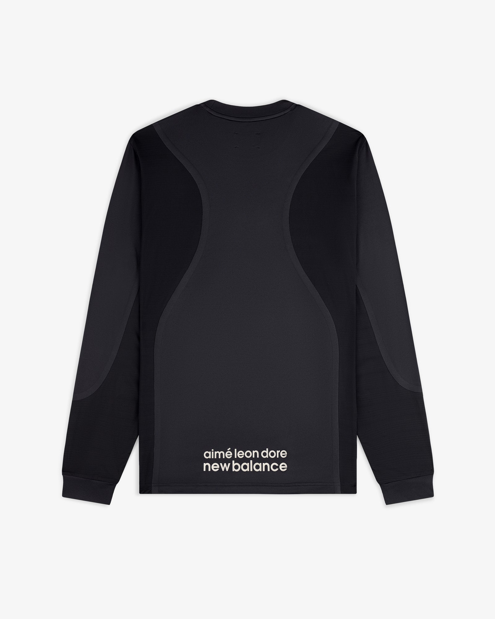 ALD / New Balance Performance Long-Sleeve Tee in black with curved seams and logo text at the lower back.