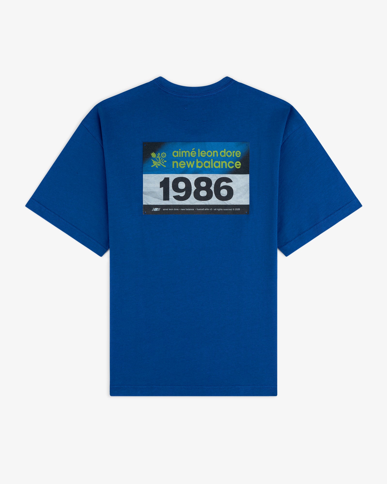 ALD / New Balance Running Bib Tee: Blue T-shirt with a black rectangular graphic on the back.