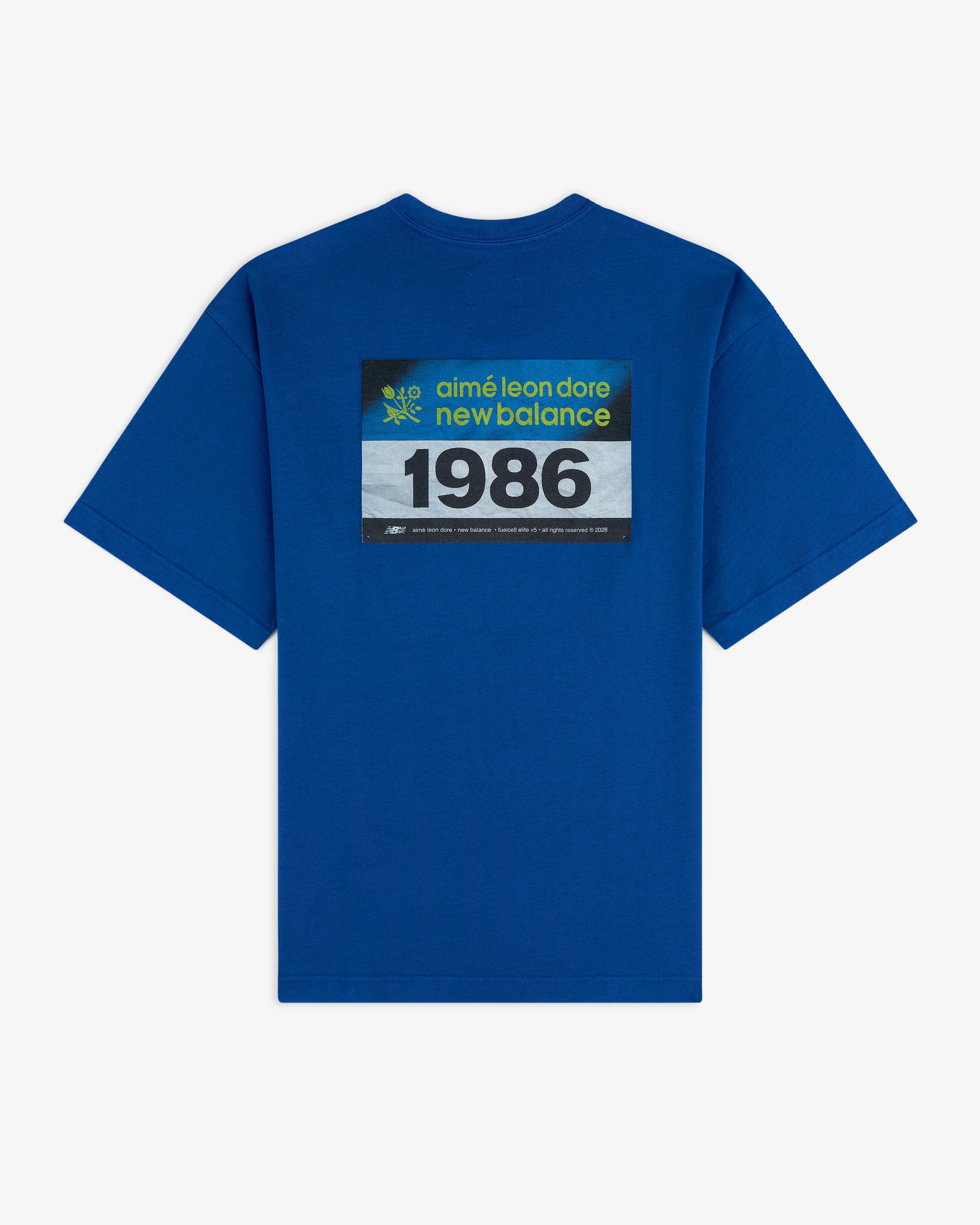 ALD / New Balance Running Bib Tee: Blue T-shirt with a black rectangular graphic on the back.
