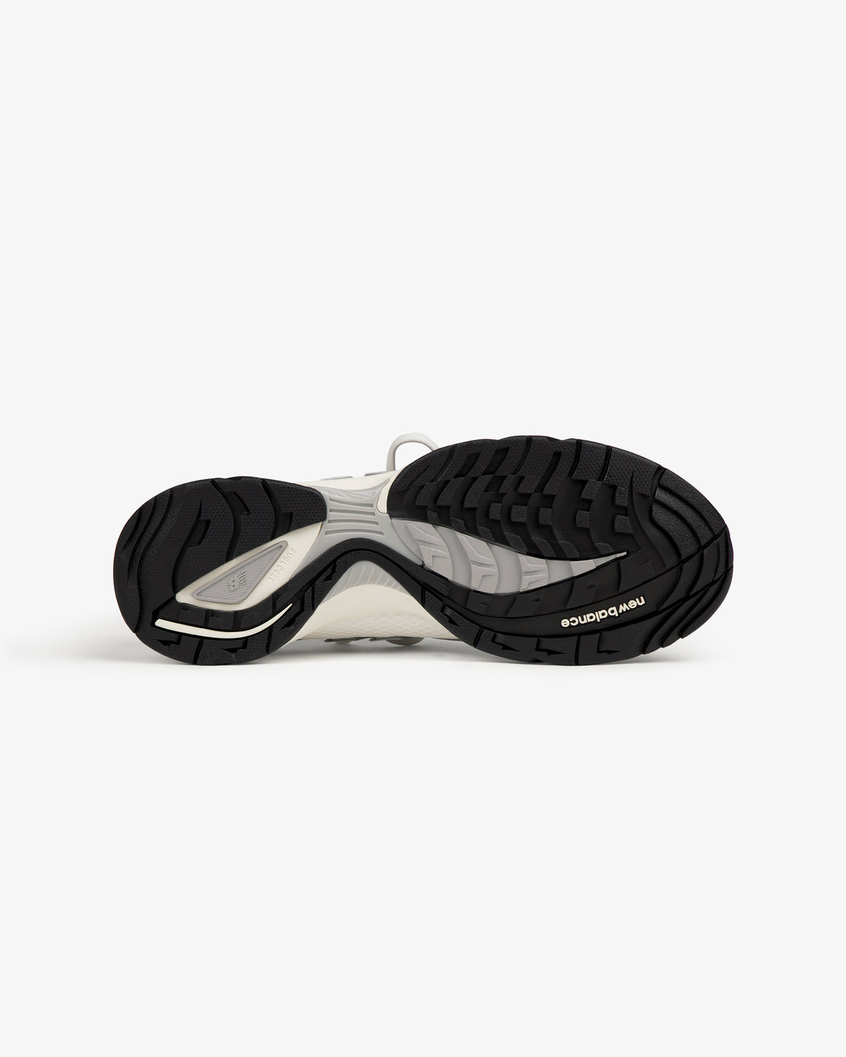 The black and white rubber sole of the ALD / New Balance RC56 with FuelCell midsole, seen from below.
