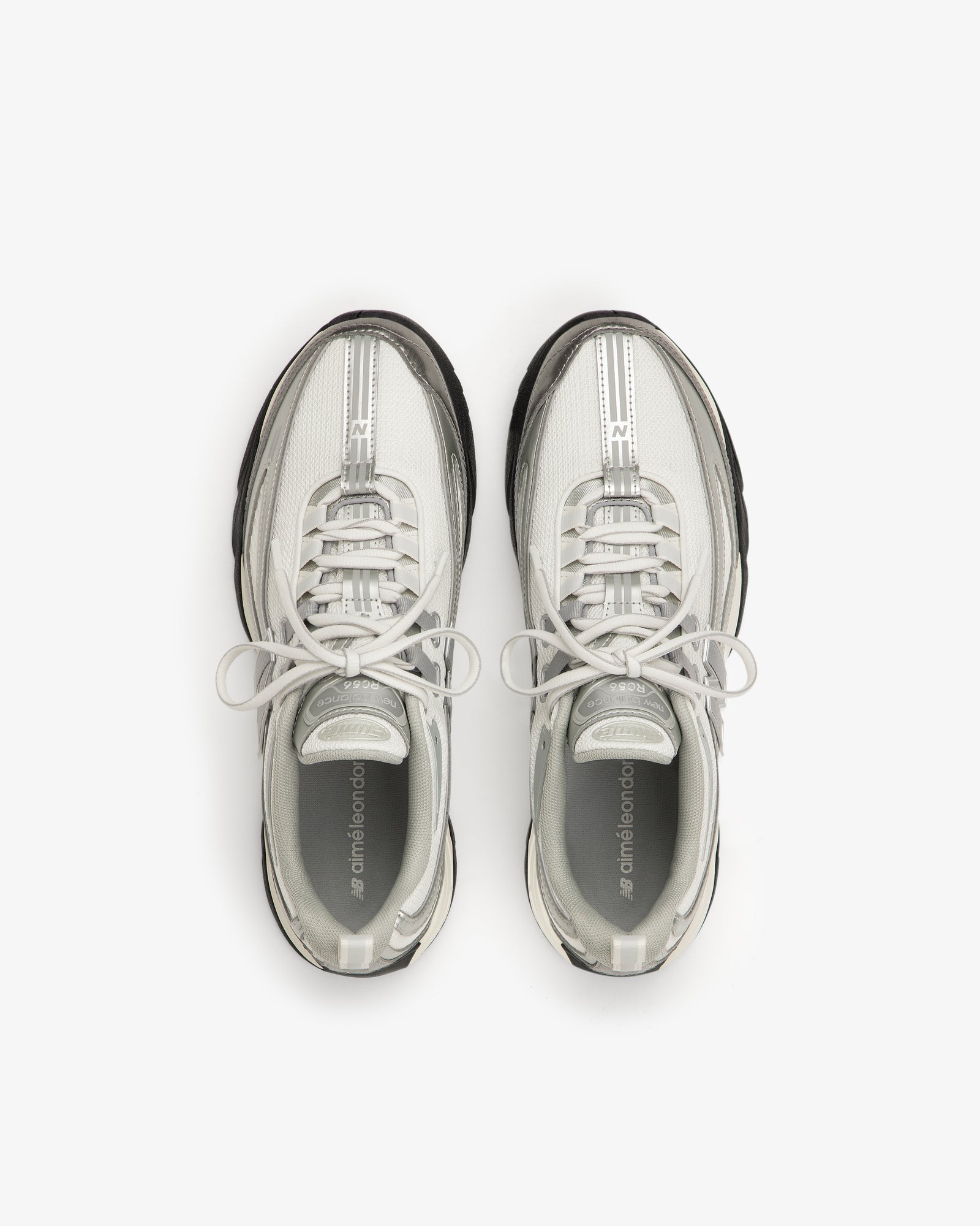 ALD / New Balance RC56 white and gray lace-up sneakers with FuelCell midsole, top view.