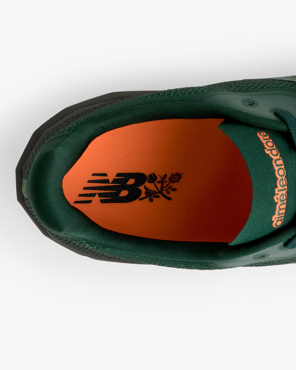 Top view of ALD / New Balance FuelCell SuperComp Elite v5: green sneaker, orange insole, black logos.