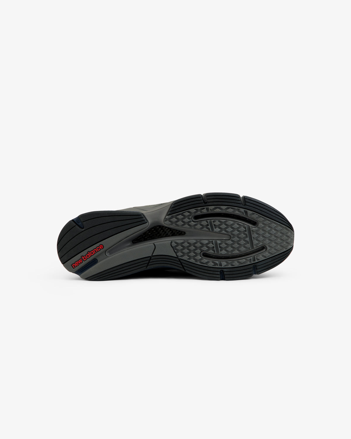 Black and gray sole with textured grip and a red New Balance logo on the Made in USA 2040v5 heel.