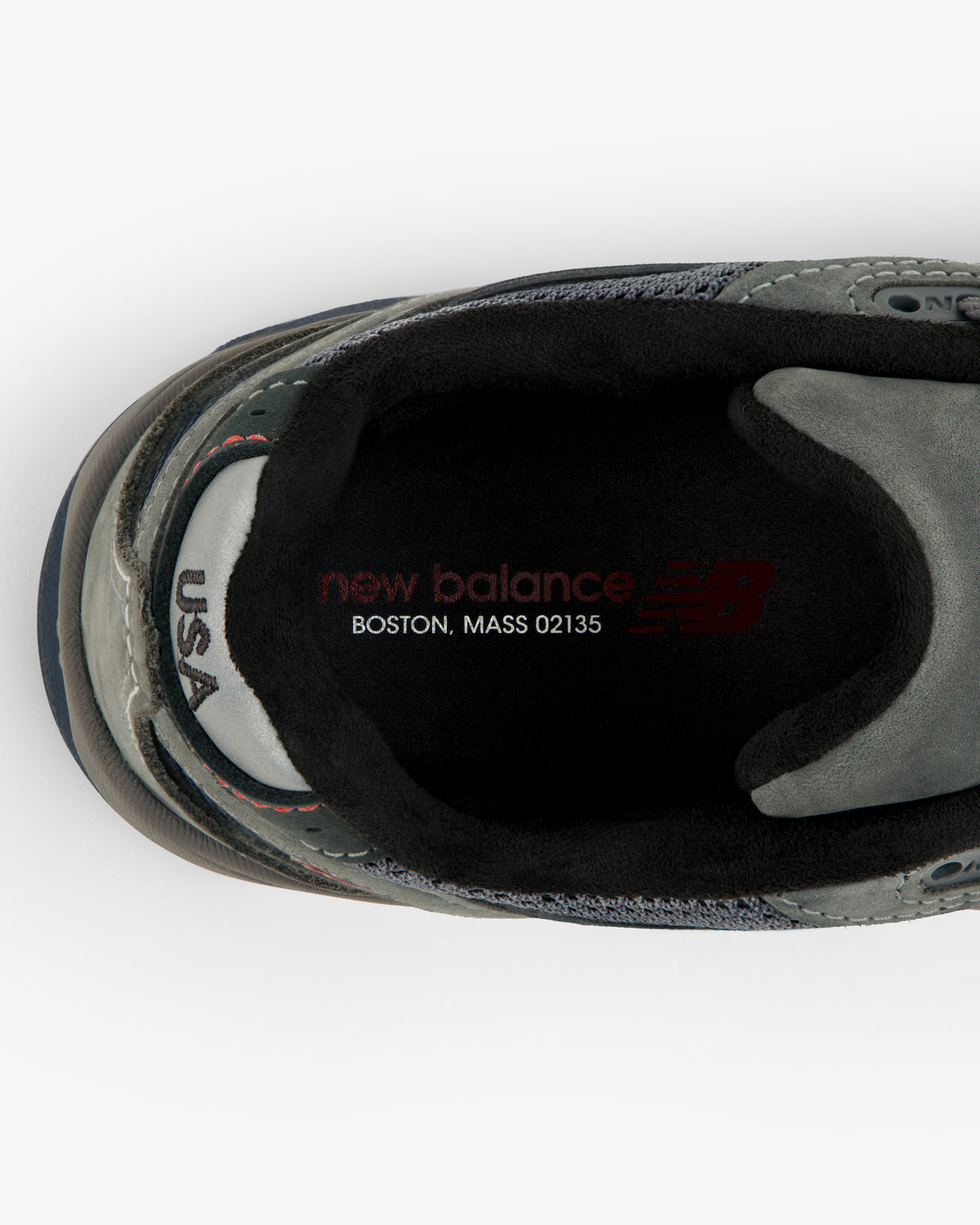 Top view of New Balance Made in USA 2040v5 showing USA on the heel and Boston, MA 02135 on the insole.