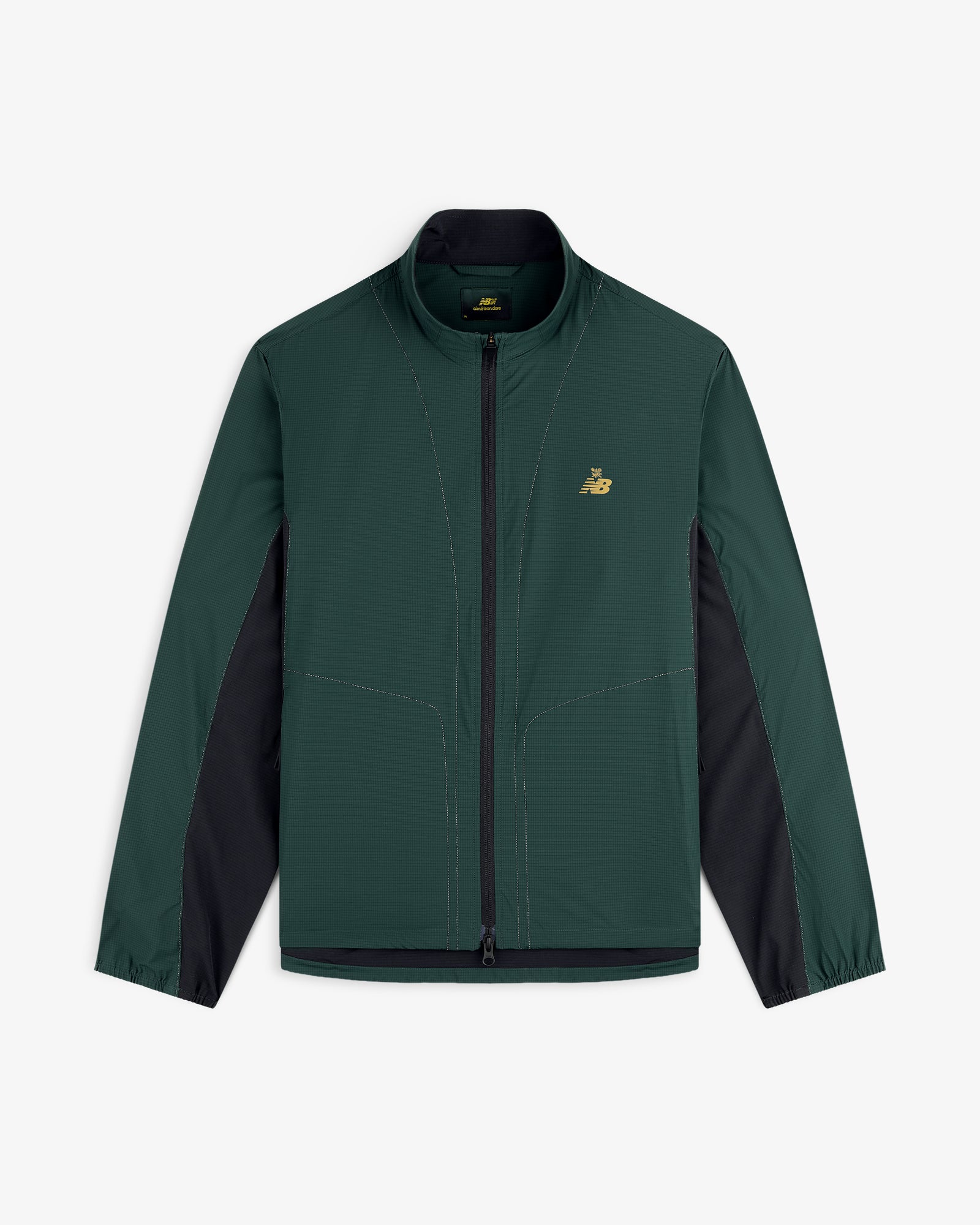 Dark green and black ALD / New Balance Performance Nylon Jacket with long sleeves and a gold chest logo.