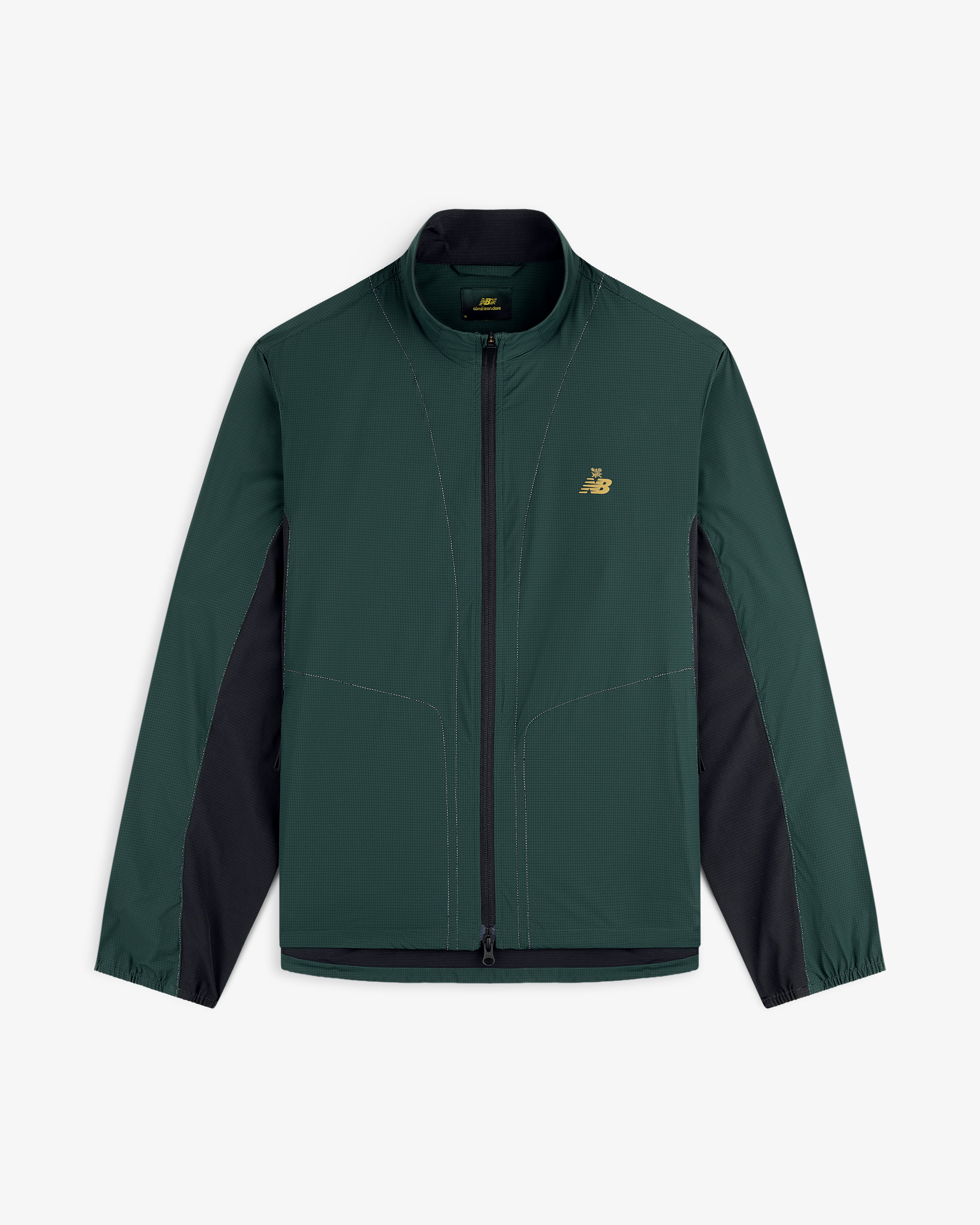 Dark green and black ALD / New Balance Performance Nylon Jacket with long sleeves and a gold chest logo.