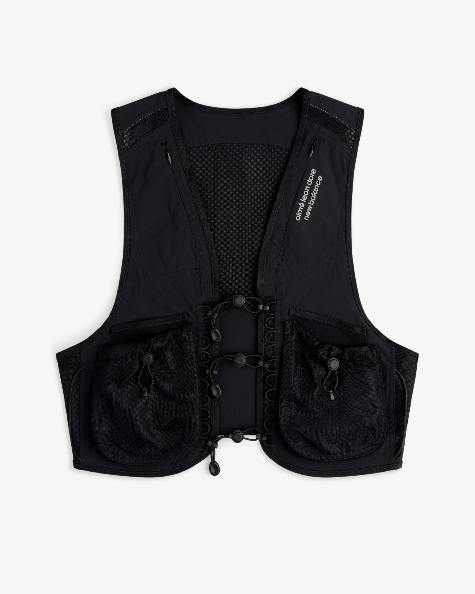 The ALD / New Balance Hydrovest is black with front mesh panels, adjustable cords, and two large zippered side pockets.