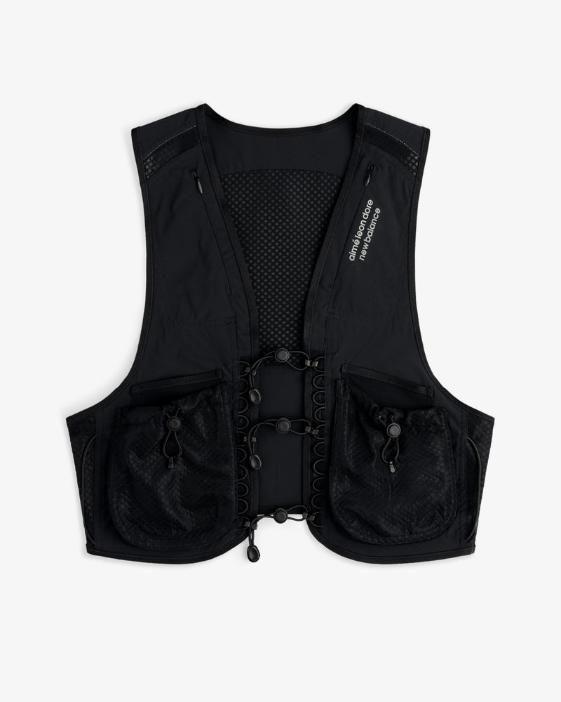 The ALD / New Balance Hydrovest is black with front mesh panels, adjustable cords, and two large zippered side pockets.