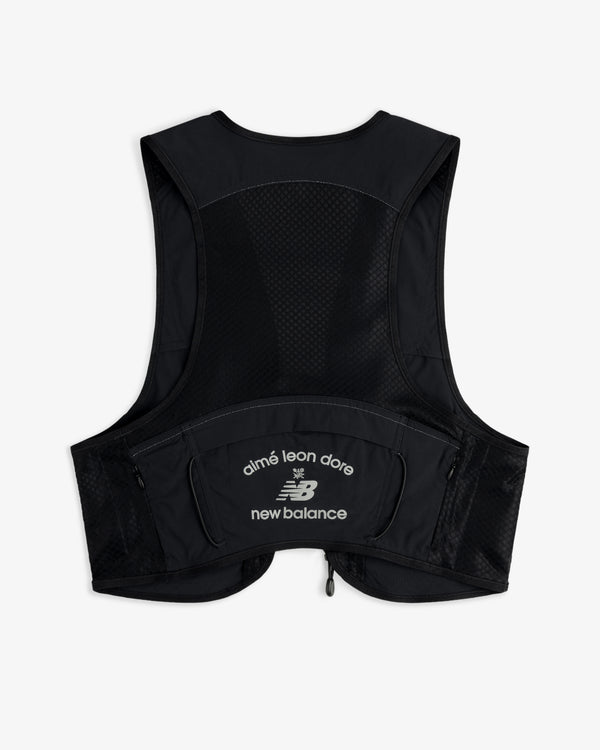 The ALD / New Balance Hydrovest is a black mesh utility vest with a zip pocket and co-branded logos on the back.