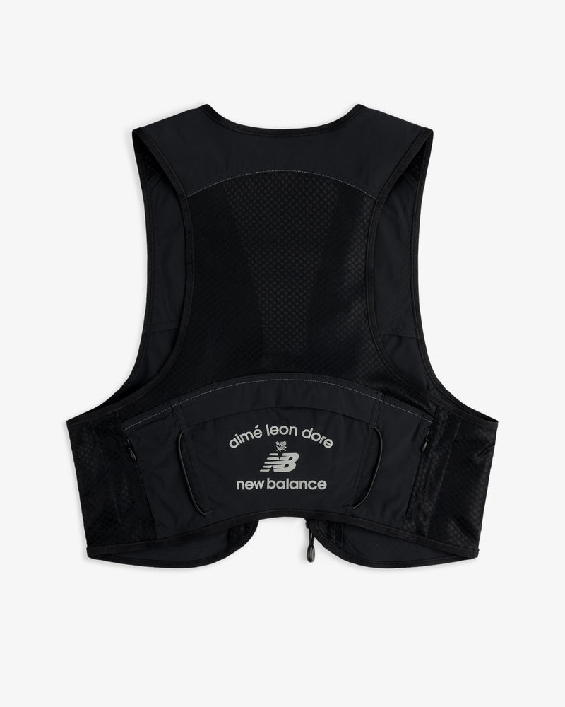 The ALD / New Balance Hydrovest is a black mesh utility vest with a zip pocket and co-branded logos on the back.