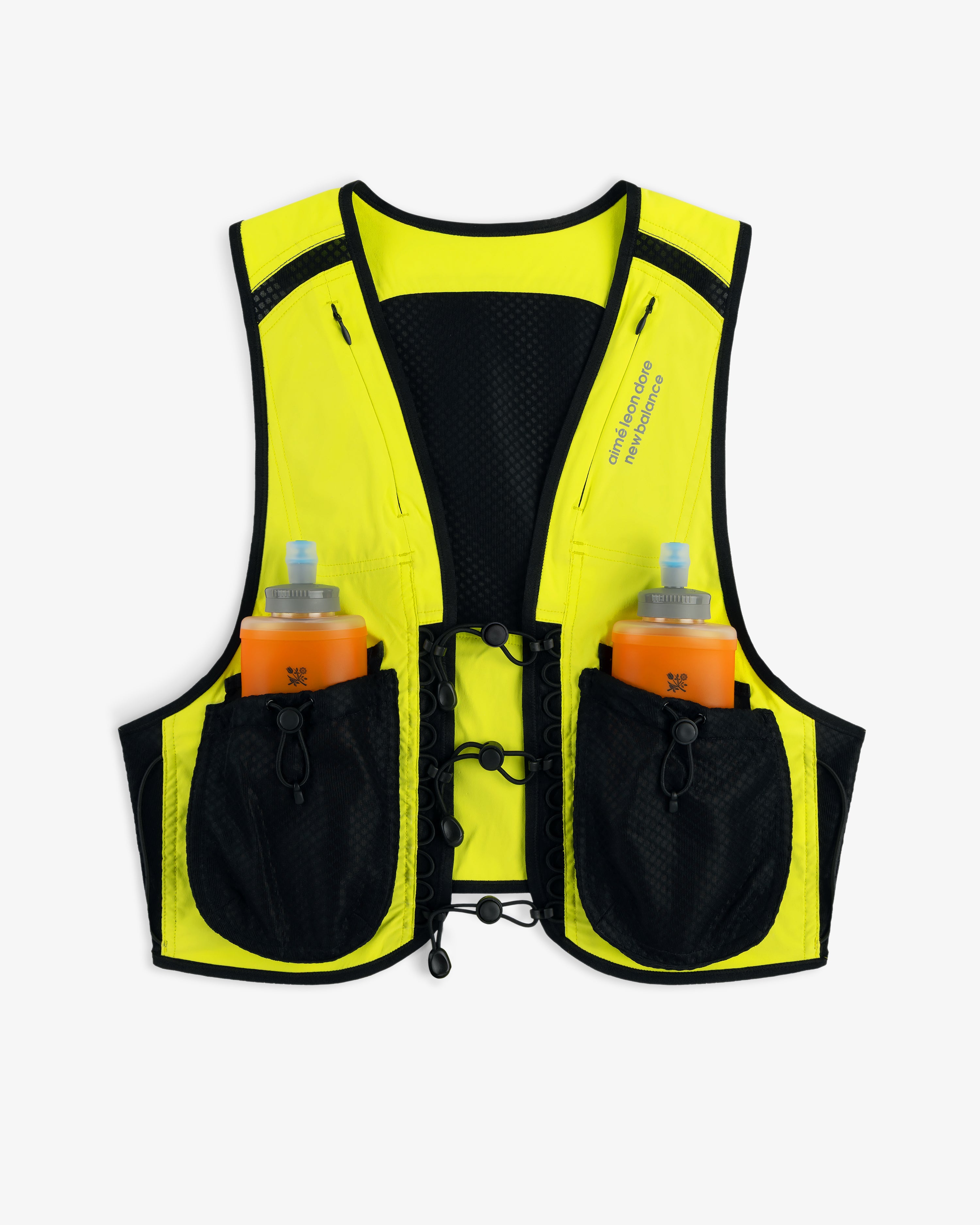 ALD / New Balance Hydrovest: bright yellow with black trim, two front pockets hold orange sports drink bottles.