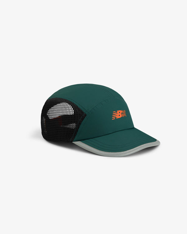 ALD / New Balance Mesh Sport Hat in green and black with orange logo, mesh sides, and a curved brim.