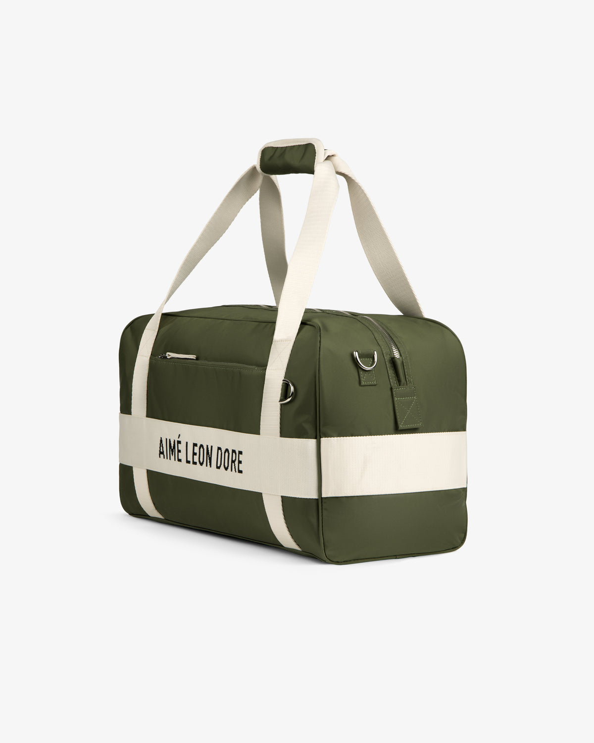 Olive green and cream Nylon Duffle Bag with AIMÉ LEON DORE text and cream handles, shown on a white background.
