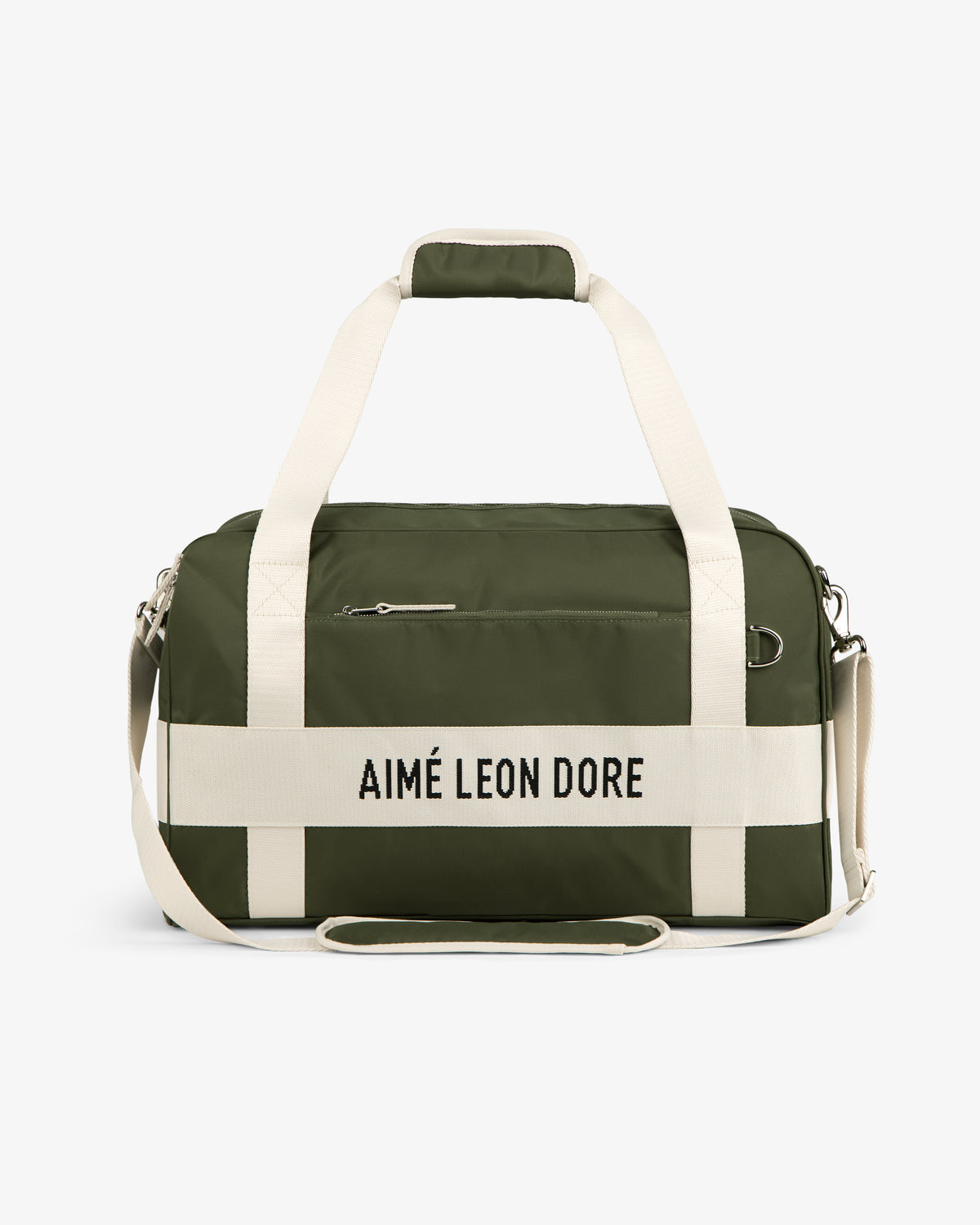Olive green Nylon Duffle Bag with cream handles and strap, featuring AIMÉ LEON DORE text on the front.