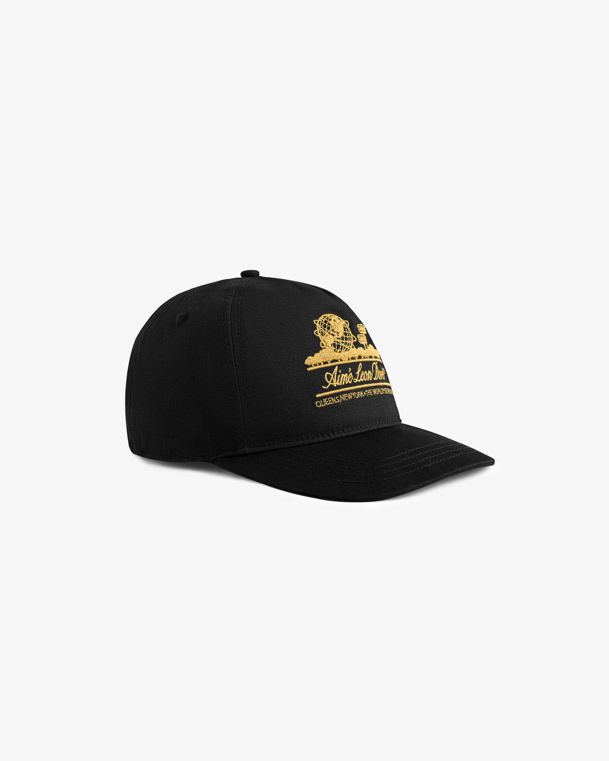 Unisphere Hat: black baseball cap with gold embroidered text and design on the front, shown on white background.
