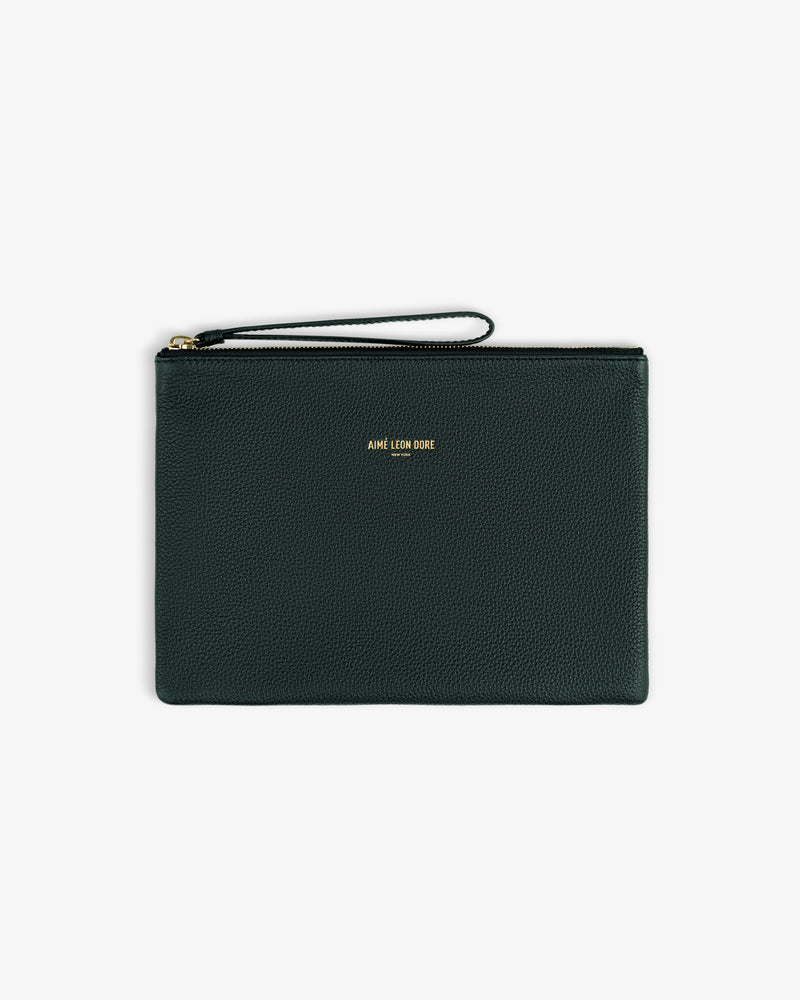 Small Leather Pouch in dark green leather with wrist strap and gold AIMÉ LEON DORE text at the center.