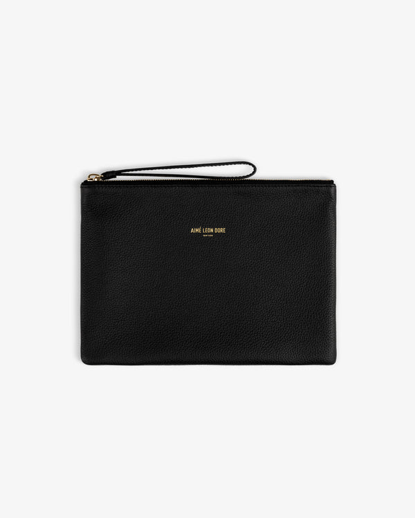 Small Leather Pouch: Black leather with zip, wrist strap, and gold AIME LEON DORE text on front.