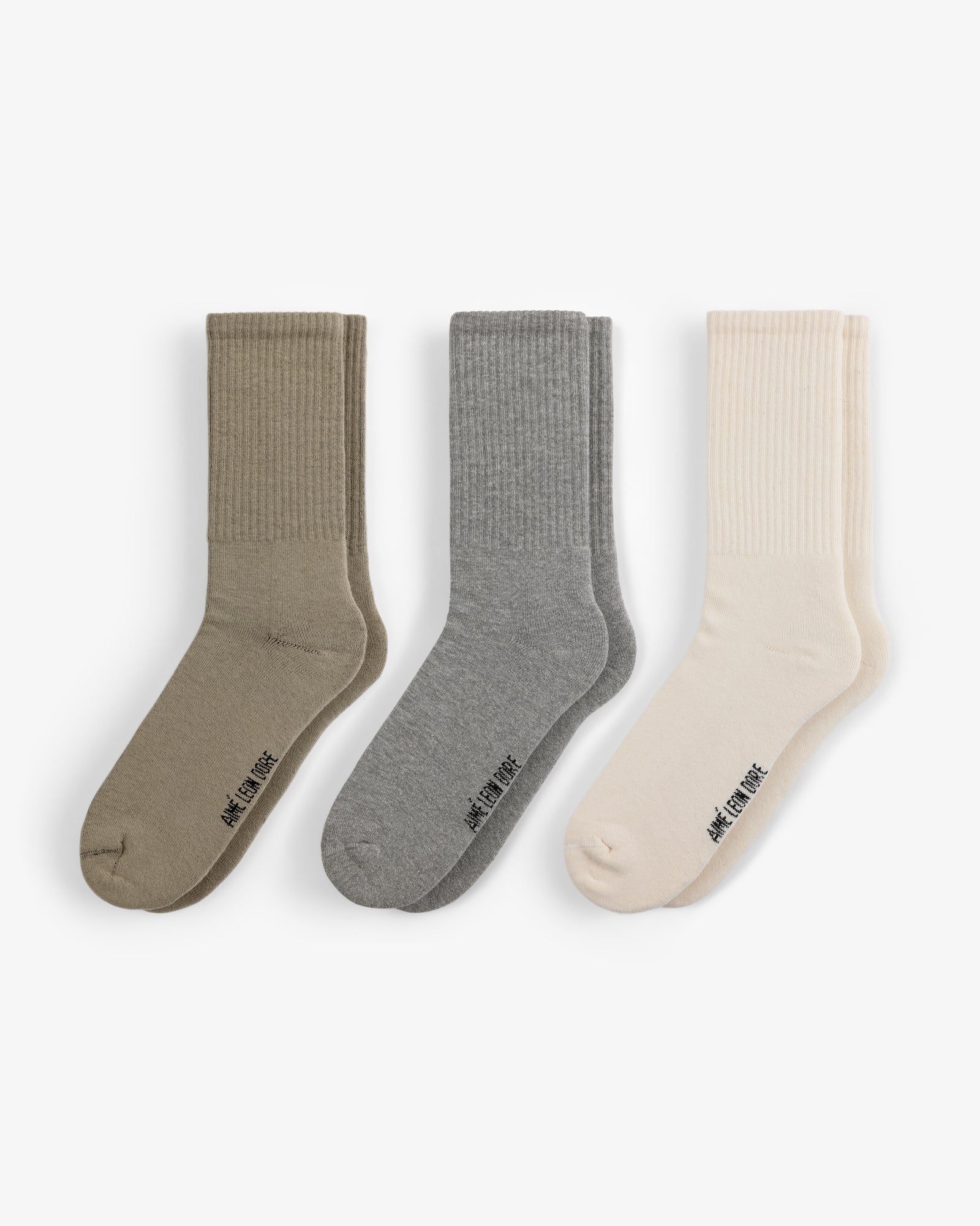 Crew Sock 3-Pack: ribbed crew socks in olive, gray, and cream, each with text detail near the toe.