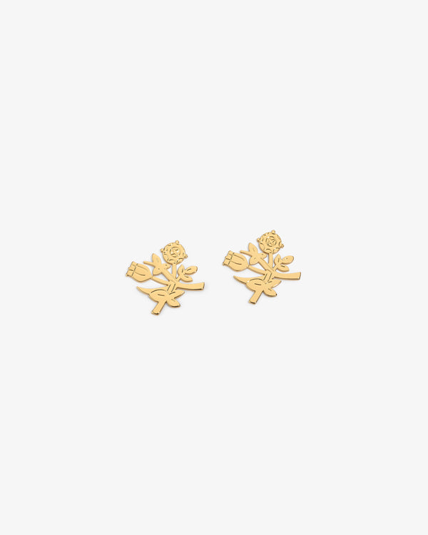 Queens Crest Penny gold rose-shaped stud earrings with detailed petals and leaves on a plain white background.