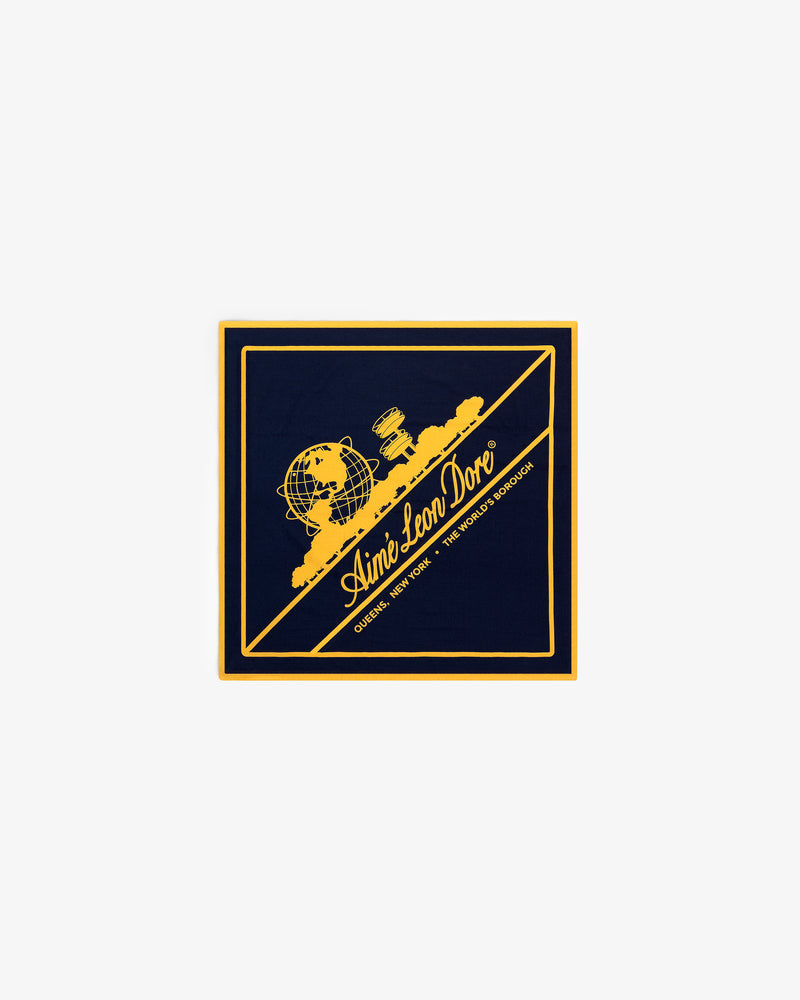 Navy blue and yellow Unisphere Bandana with Aimé Leon Dore and globe graphic on the front.