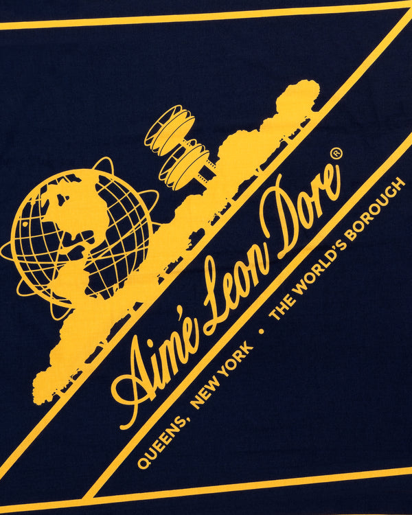 Unisphere Bandana with yellow globe, NYC skyline, Aimé Leon Dore, and The Worlds Borough text on navy background.