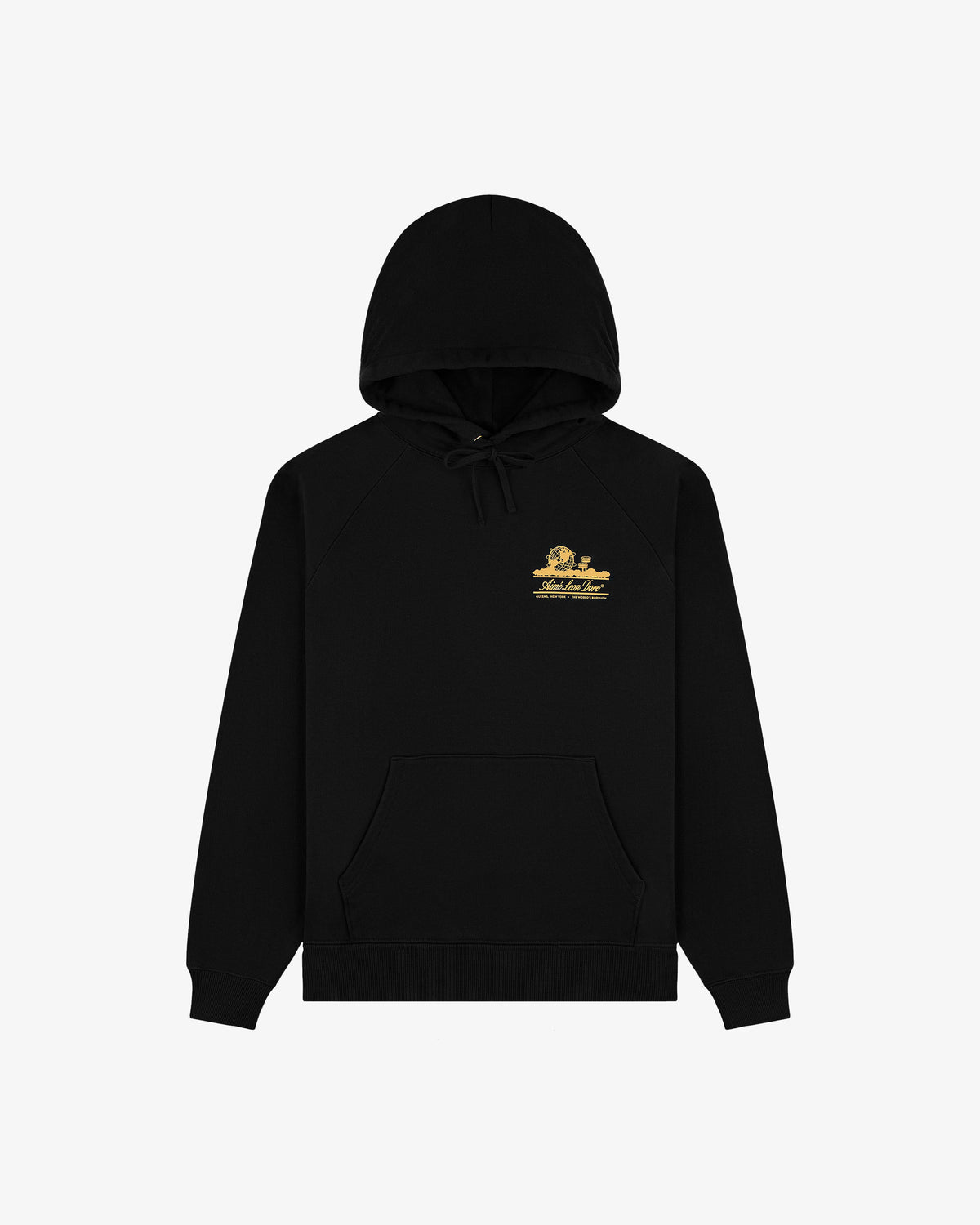 Unisphere Hoodie in black with a small gold graphic and text on left chest, shown on a white background.
