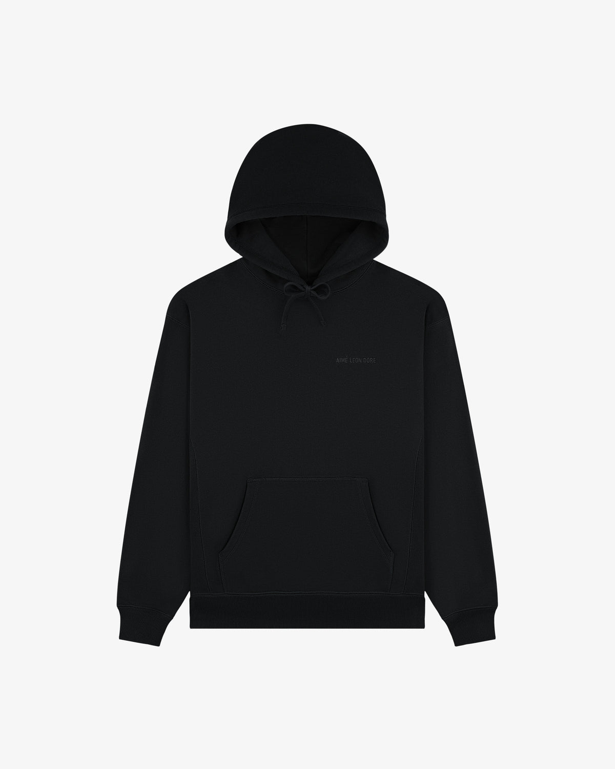Tonal Logo Hoodie in black with front pocket, drawstring hood, and subtle chest text, shown on white background.