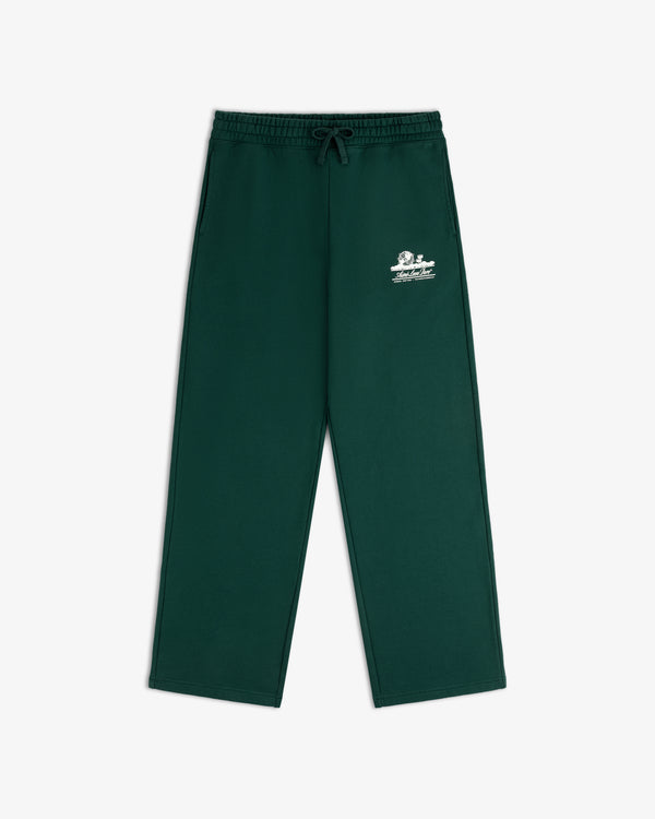 Unisphere Sweatpants in dark green with elastic waist, drawstring, and white text on the left thigh, shown flat.