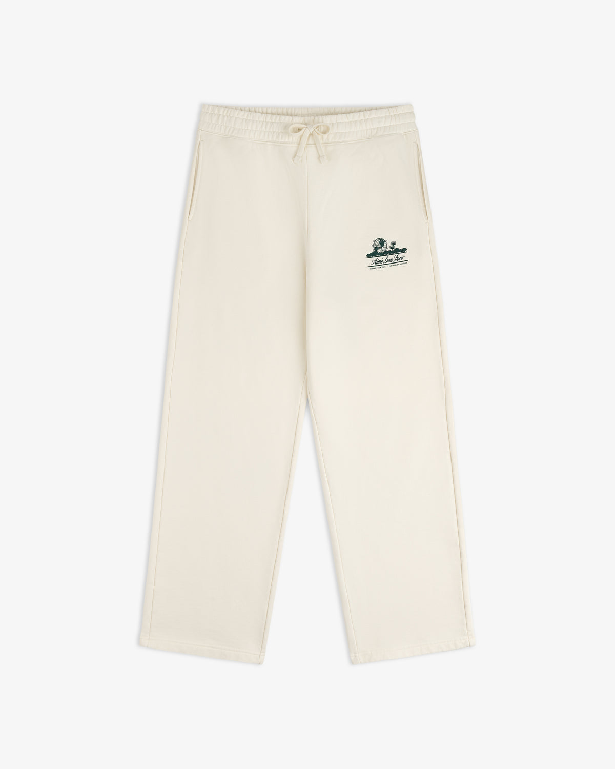 Unisphere Sweatpants: Beige wide-leg style, drawstring waist, small green logo embroidered on left thigh.