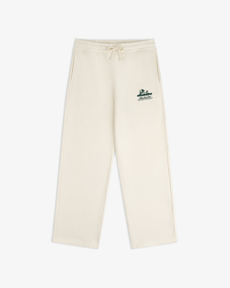 Unisphere Sweatpants: Beige wide-leg style, drawstring waist, small green logo embroidered on left thigh.
