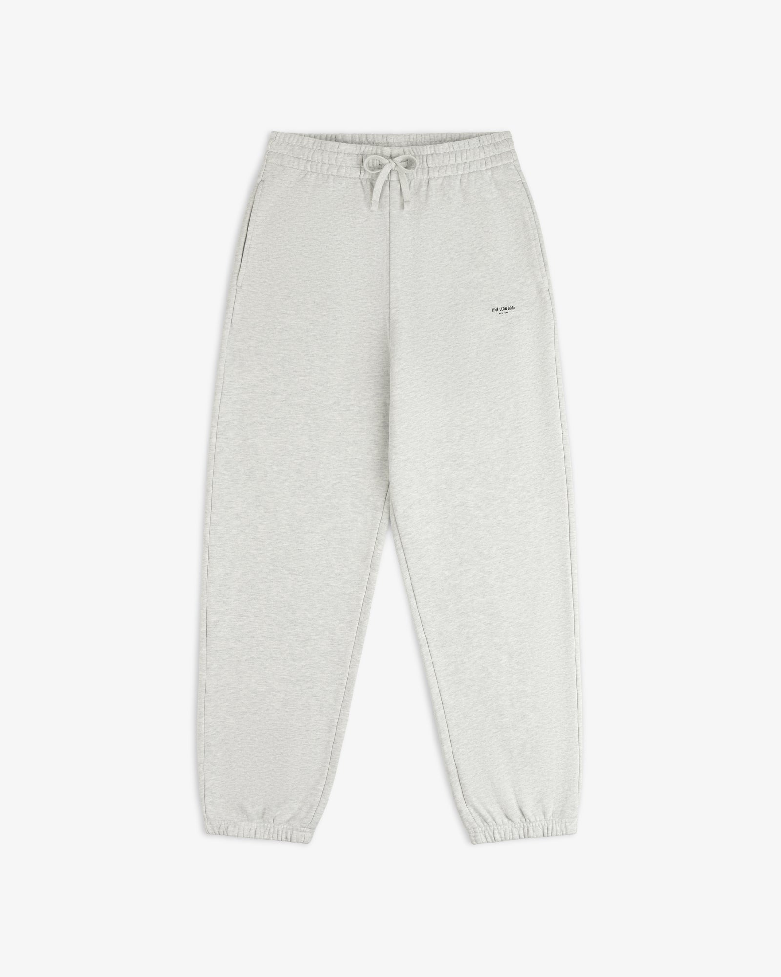 Micro Logo Sweatpants: light gray, elastic waist & cuffs, drawstring, side pockets, small logo on left thigh.