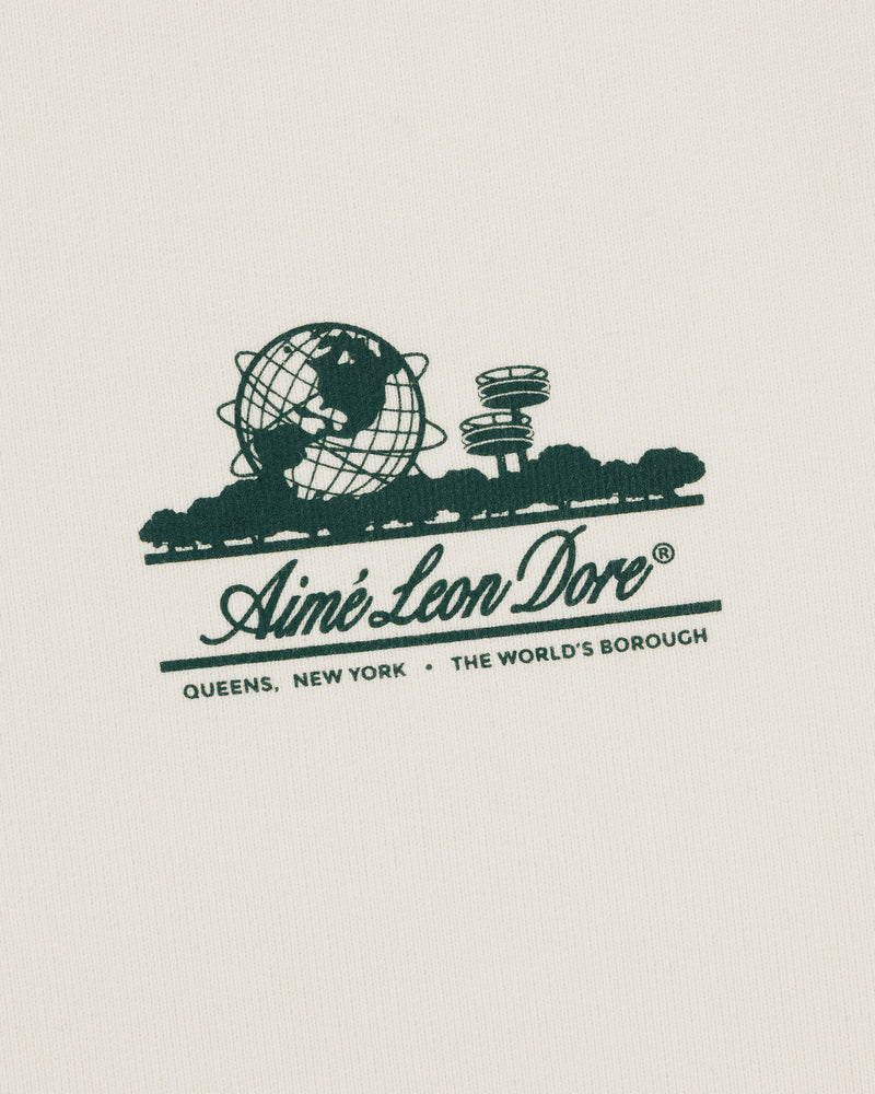 Unisphere Crewneck Sweatshirt: Aime Leon Dore logo, globe, trees & "QUEENS, NEW YORK - THE WORLDS BOROUGH" text.