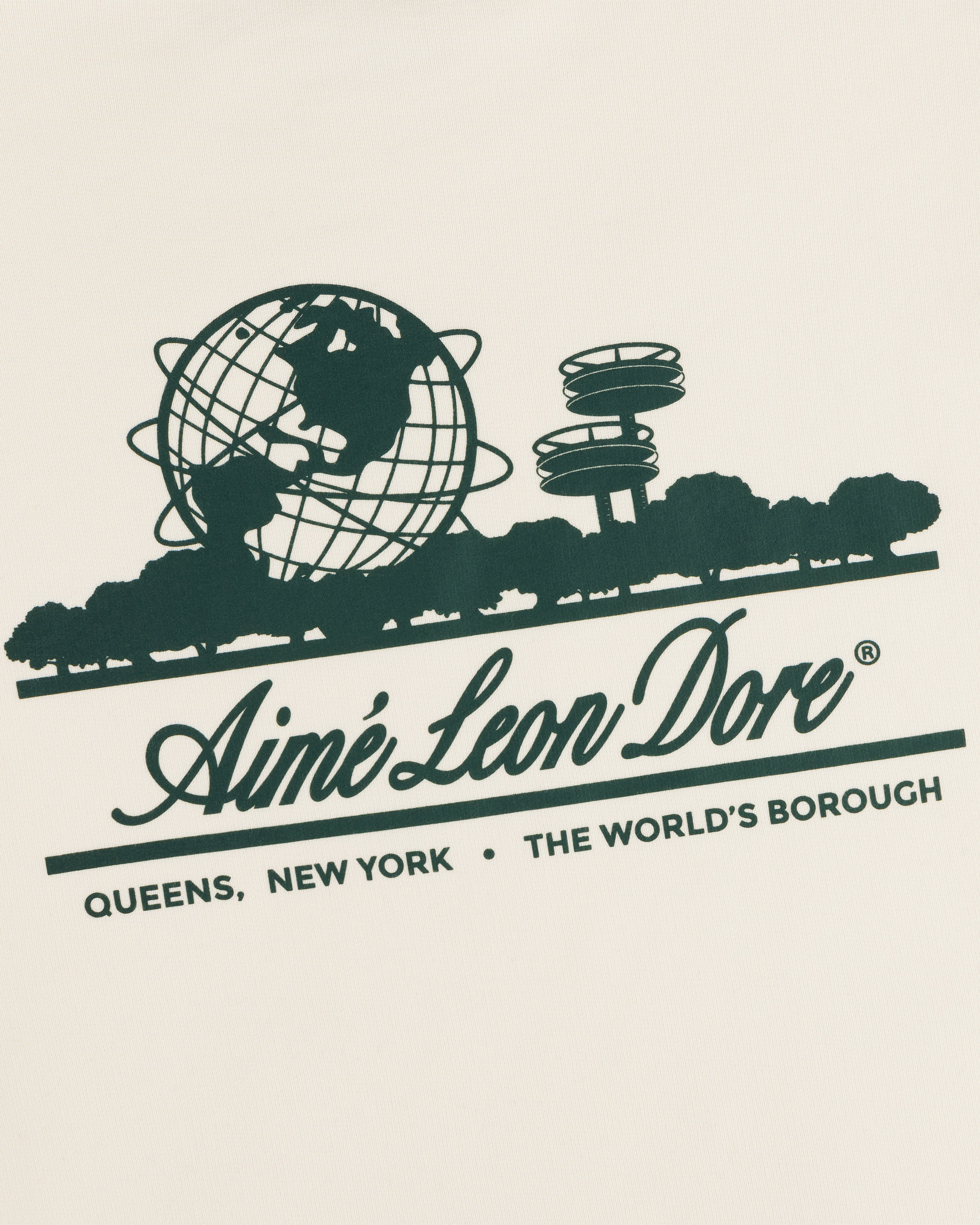 Green graphic of Queens on white Unisphere Crewneck Sweatshirt with landmarks, trees, and "The World's Borough" text.