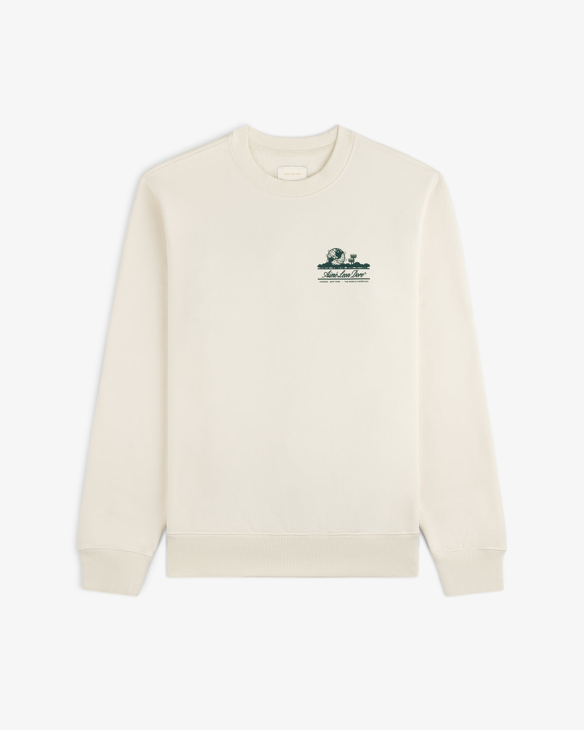 Unisphere Crewneck Sweatshirt in cream with a small green graphic and text on the left chest.