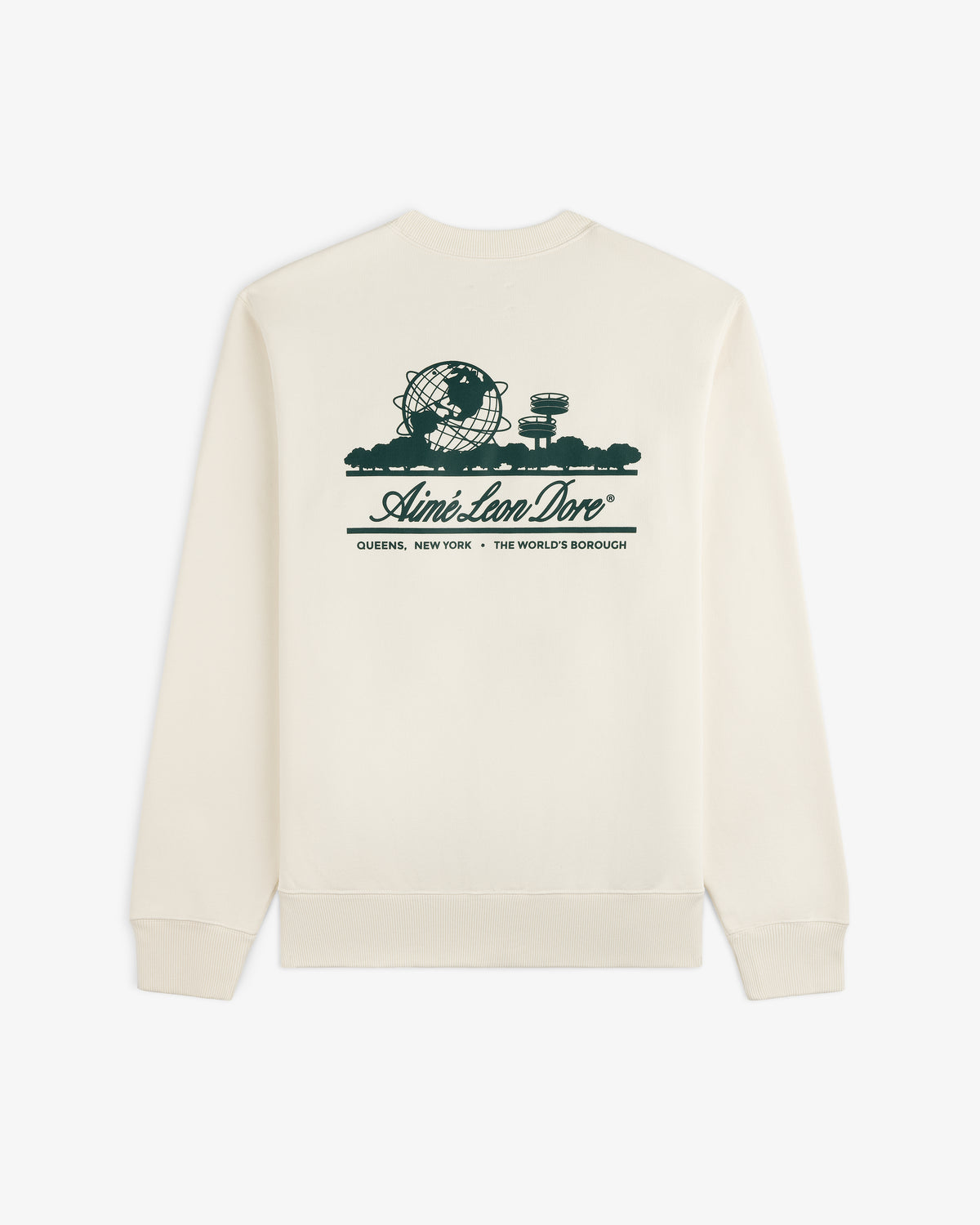 Unisphere Crewneck Sweatshirt with green NYC skyline print and "Aint-Low-Love, QUEENS, NEW YORK" text.
