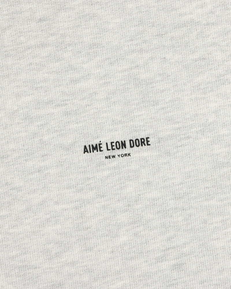 Close-up of a heather gray Micro Logo Crewneck Sweatshirt with small black AIMÉ LEON DORE NEW YORK at the center.