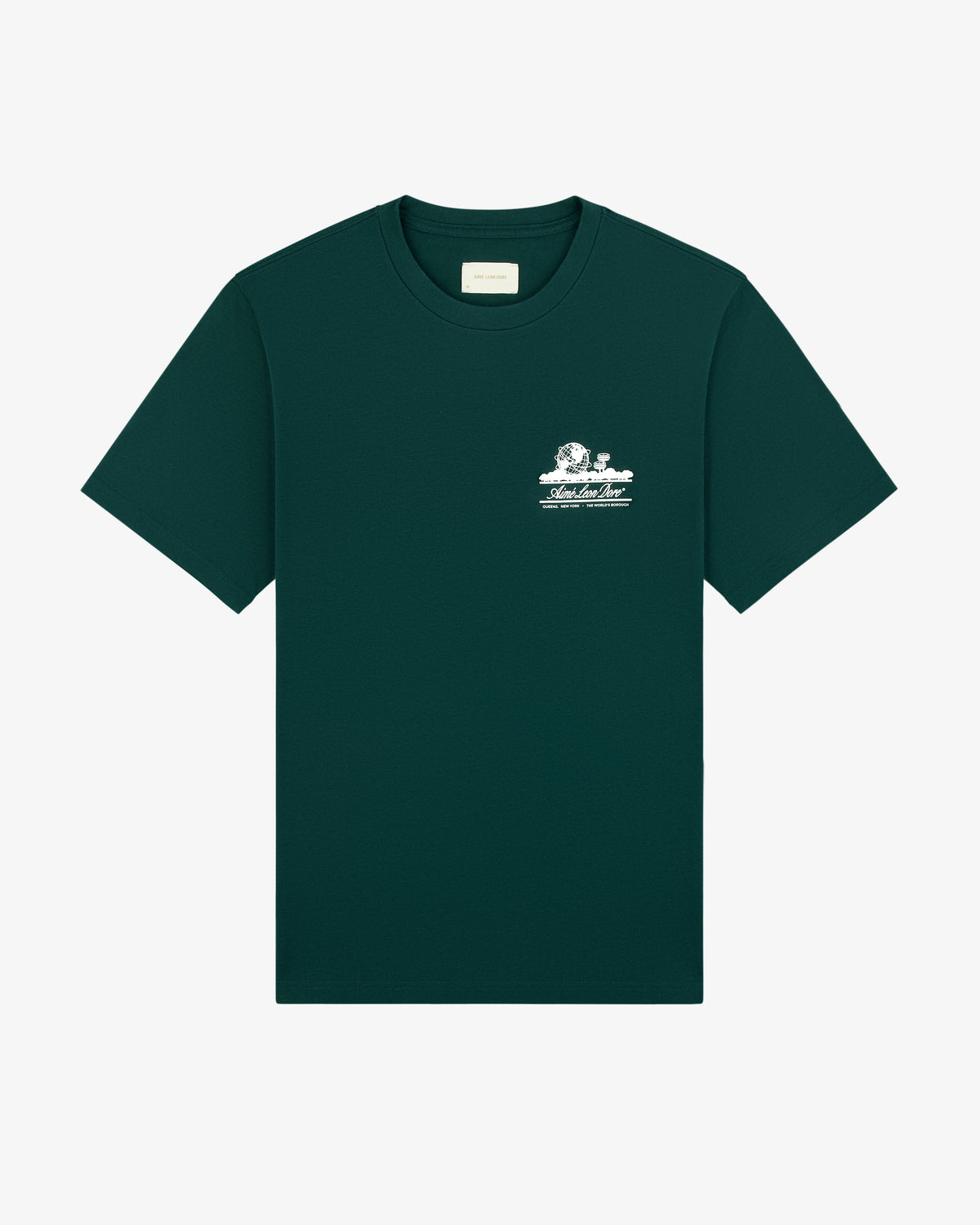 Unisphere Tee in dark green with small white graphic and text on left chest, laid flat on a white background.