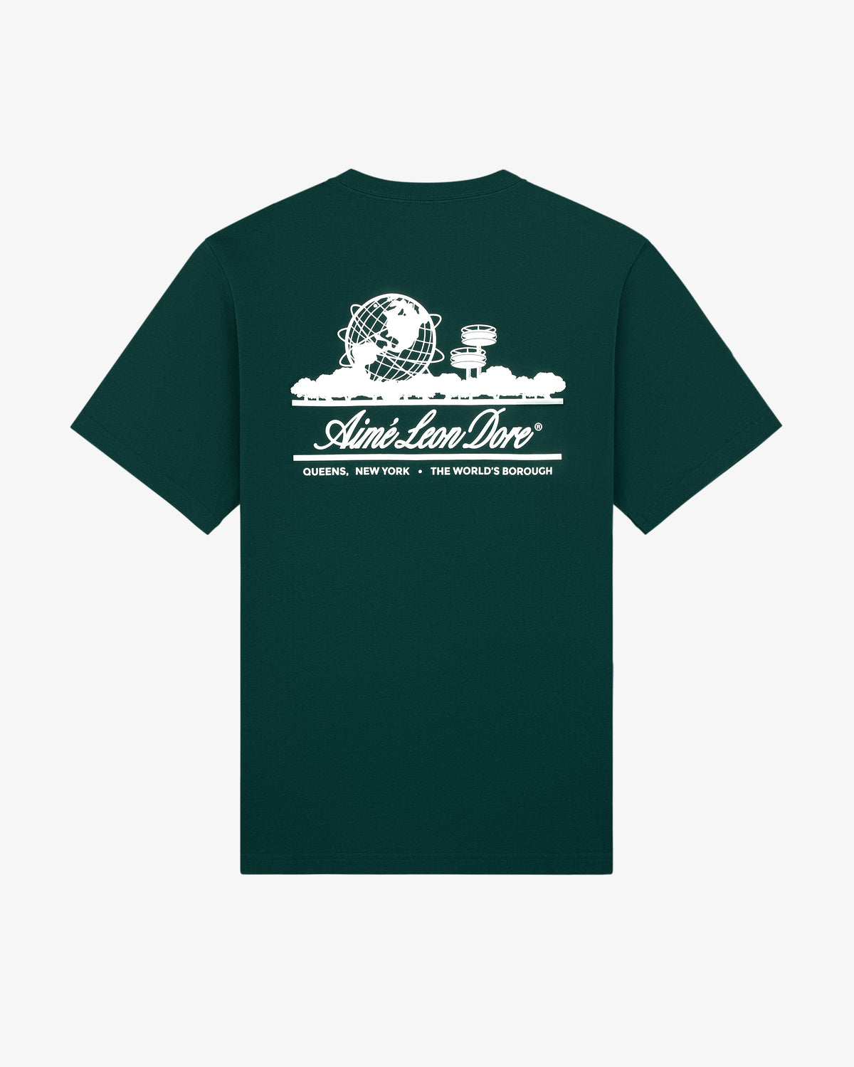 Dark green Unisphere Tee with white graphic of globe, buildings, and text: Aimé Leon Dore, Queens, New York.