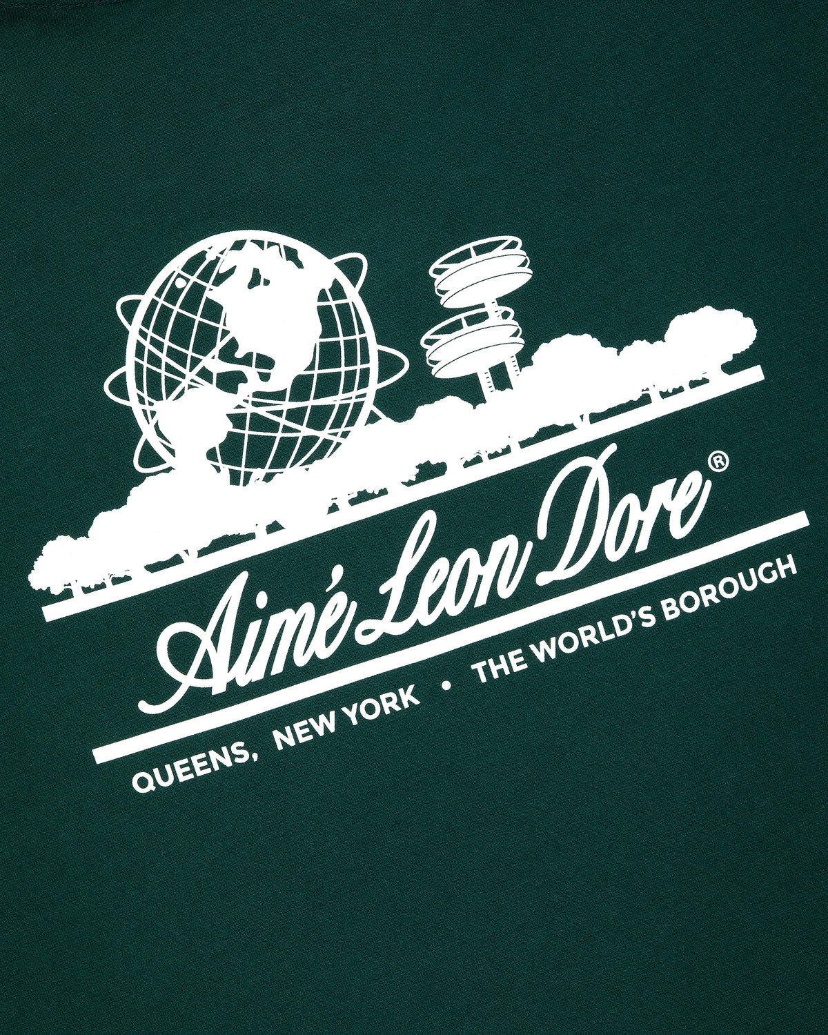 White Unisphere Tee logo with globe, trees, and NYC landmarks on dark green. Text: QUEENS, NEW YORK • THE WORLDS BOROUGH.