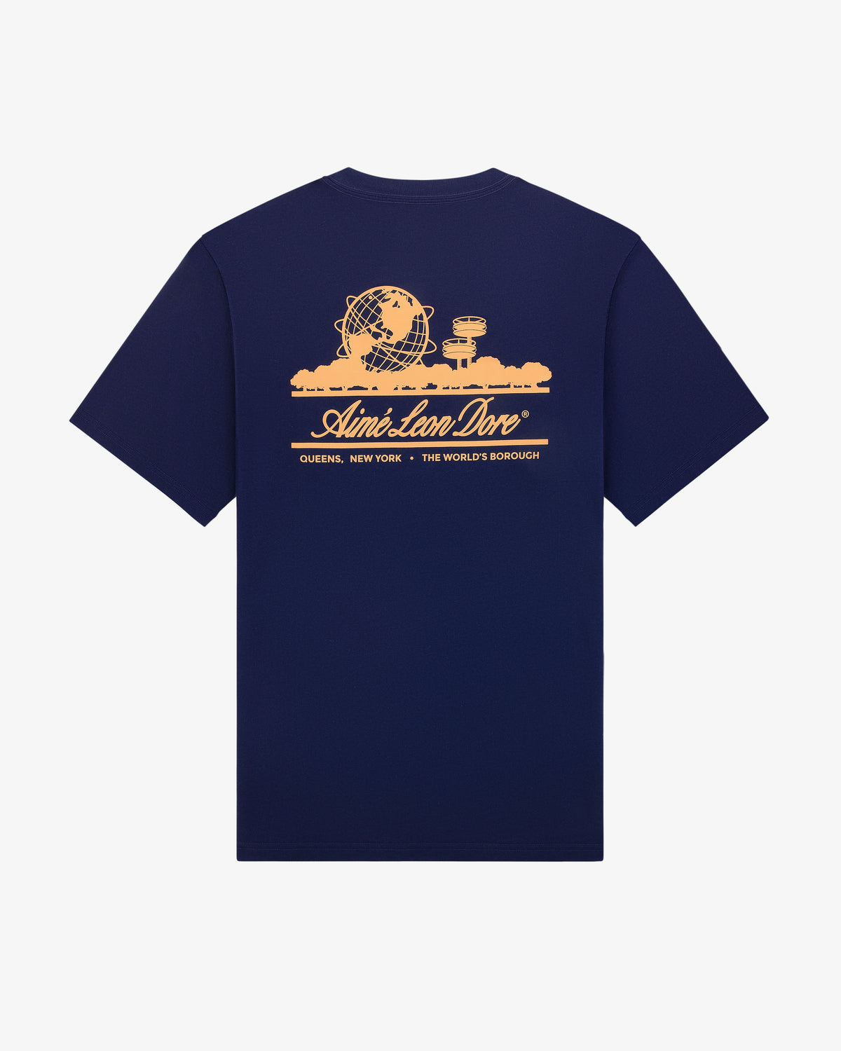 Navy blue Unisphere Tee with orange globe and cityscape graphic, and Aimé Leon Dore Queens, New York text on back.