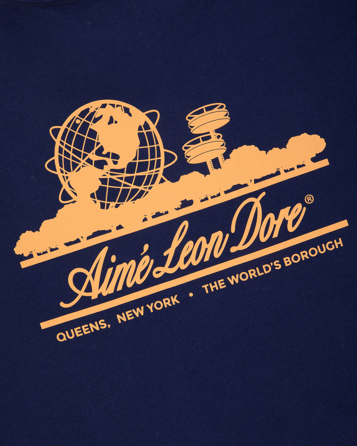 Navy Unisphere Tee with yellow Aimé Leon Dore logo, globe, trees, Queens landmarks, and text.