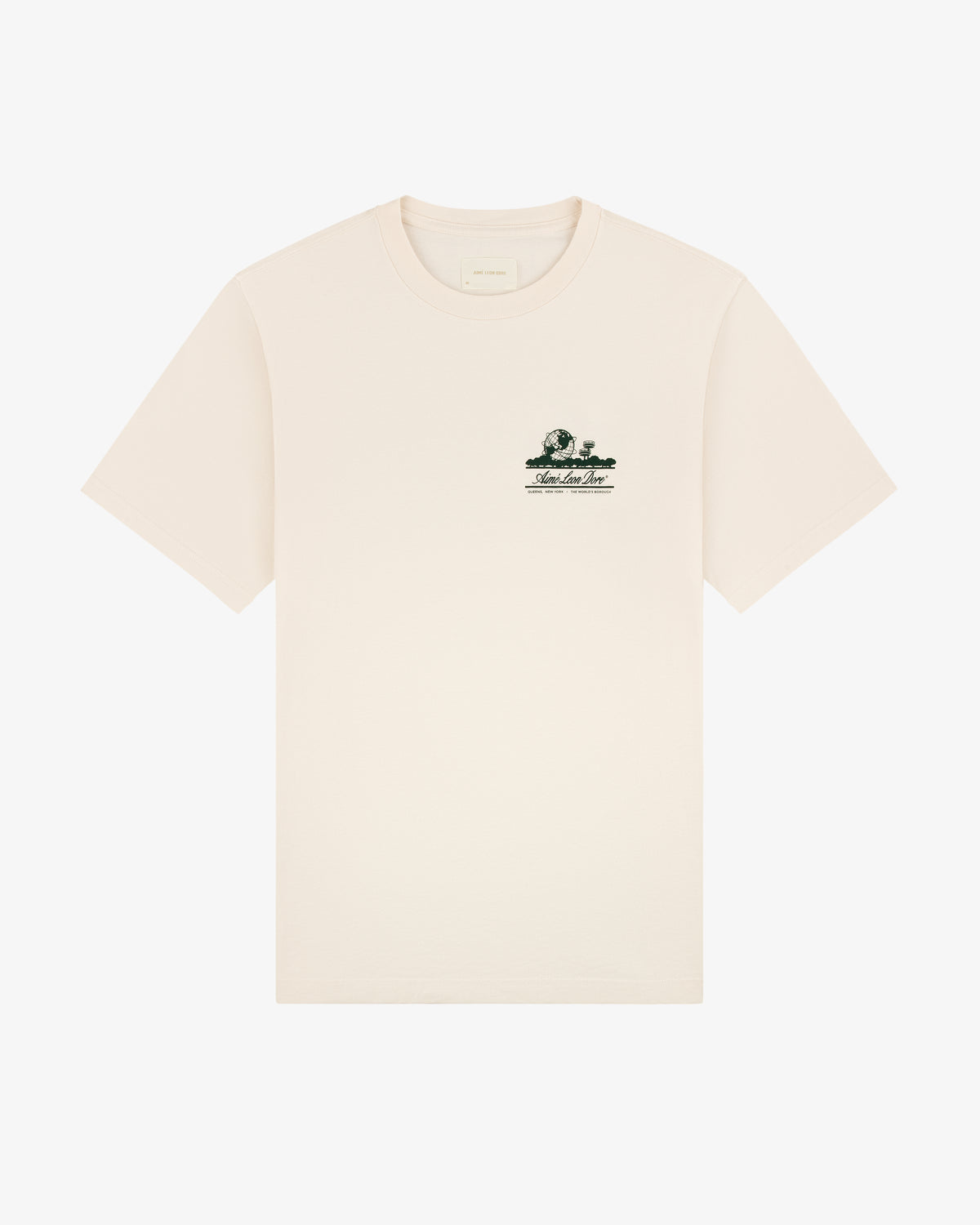 Beige Unisphere Tee featuring a small green graphic and text on the left chest.