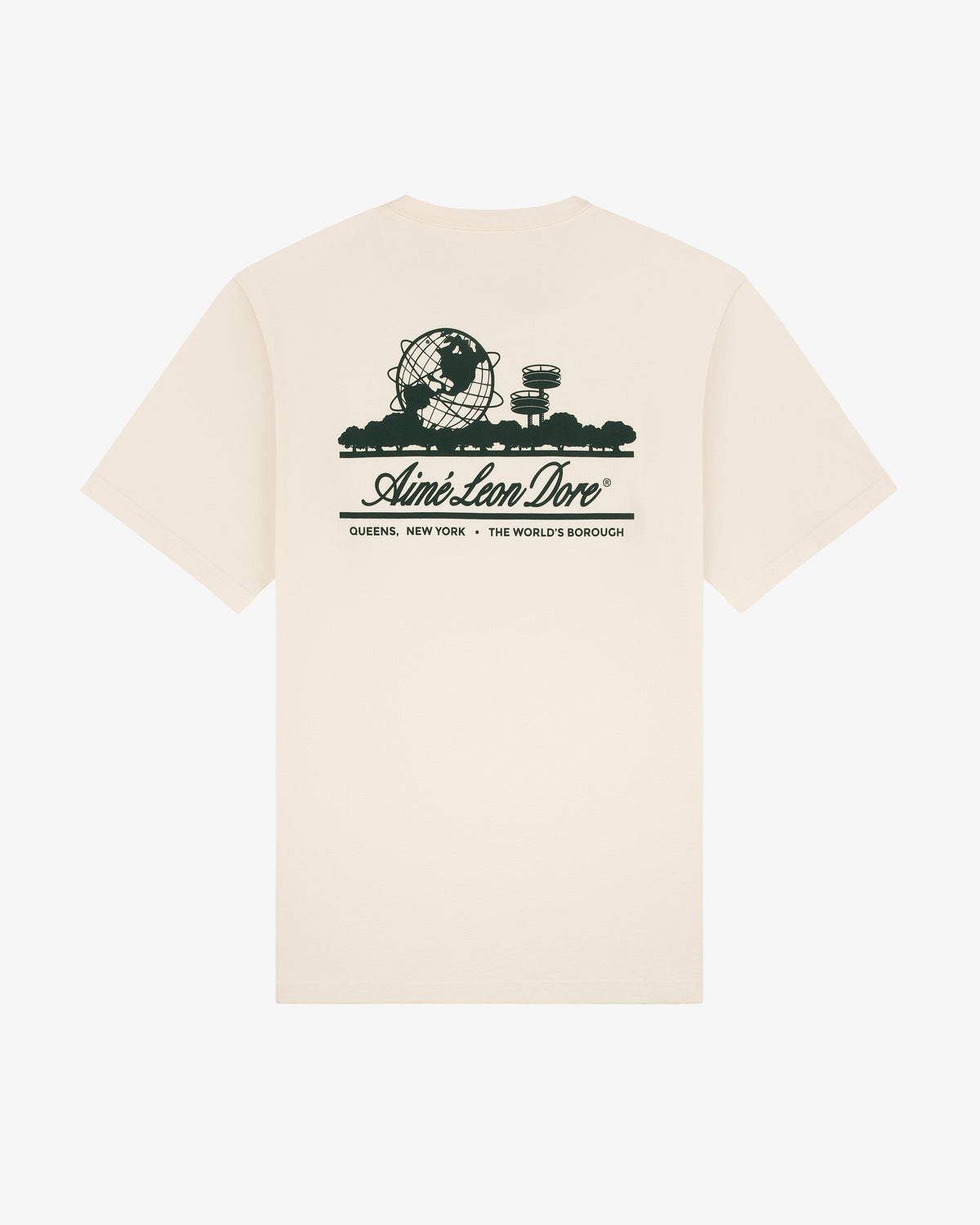 Beige Unisphere Tee featuring black graphic of Unisphere, trees, buildings, and Aimé Leon Dore Queens, NY text.