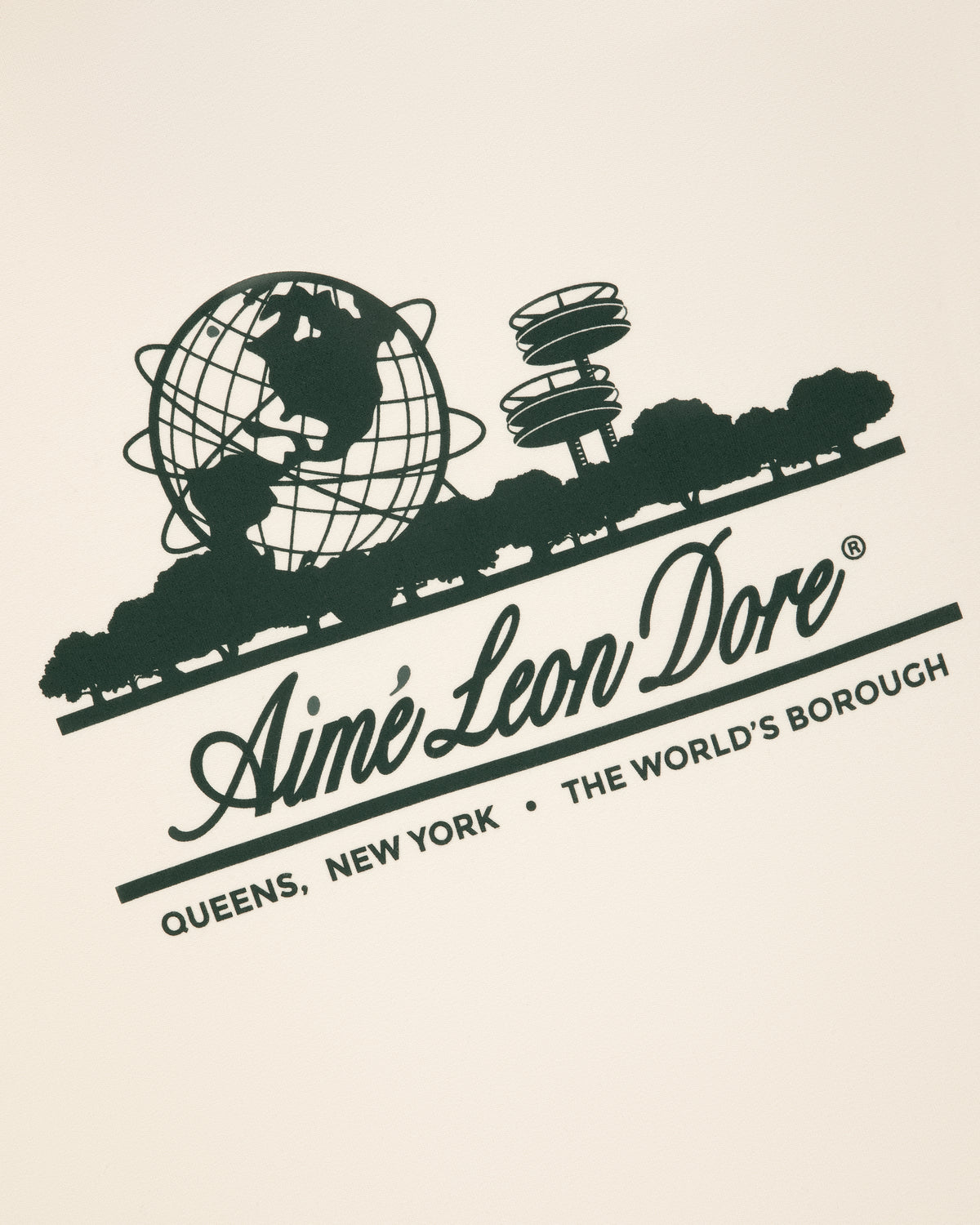 Green graphic Unisphere and NYC skyline tee by Aimé Leon Dore. Queens, New York—The World's Borough.