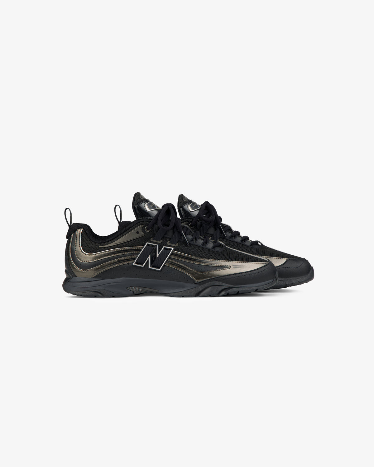 A pair of black and metallic ALD / New Balance RC56 sneakers with black soles, laces, and a bold side logo on white.