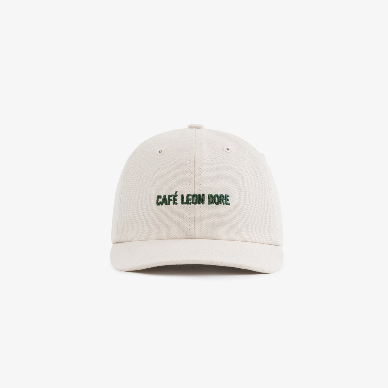 Café Leon Dore Hat in beige with green embroidered logo on the front, displayed against a white background.