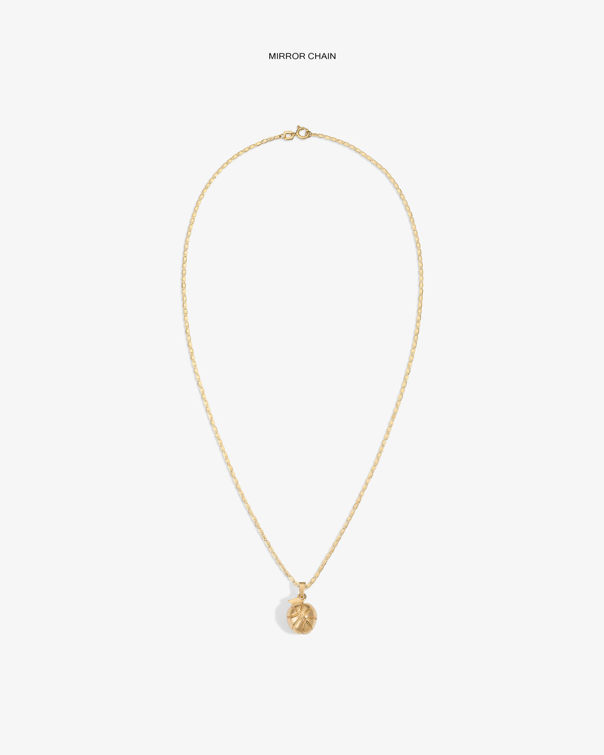 14Kt Sonny Apple Pendant necklace with round, engraved charm on white background. Text above: MIRROR CHAIN.